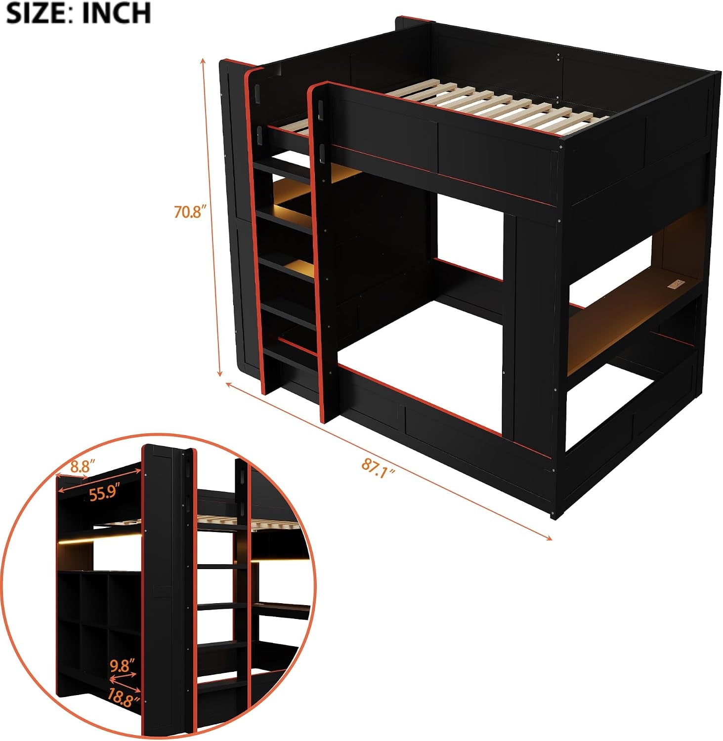 Full Size Wood Gaming Bunk Bed, Gaming Loft Bed with Desk, Storage Shelves, Charging Station, Black