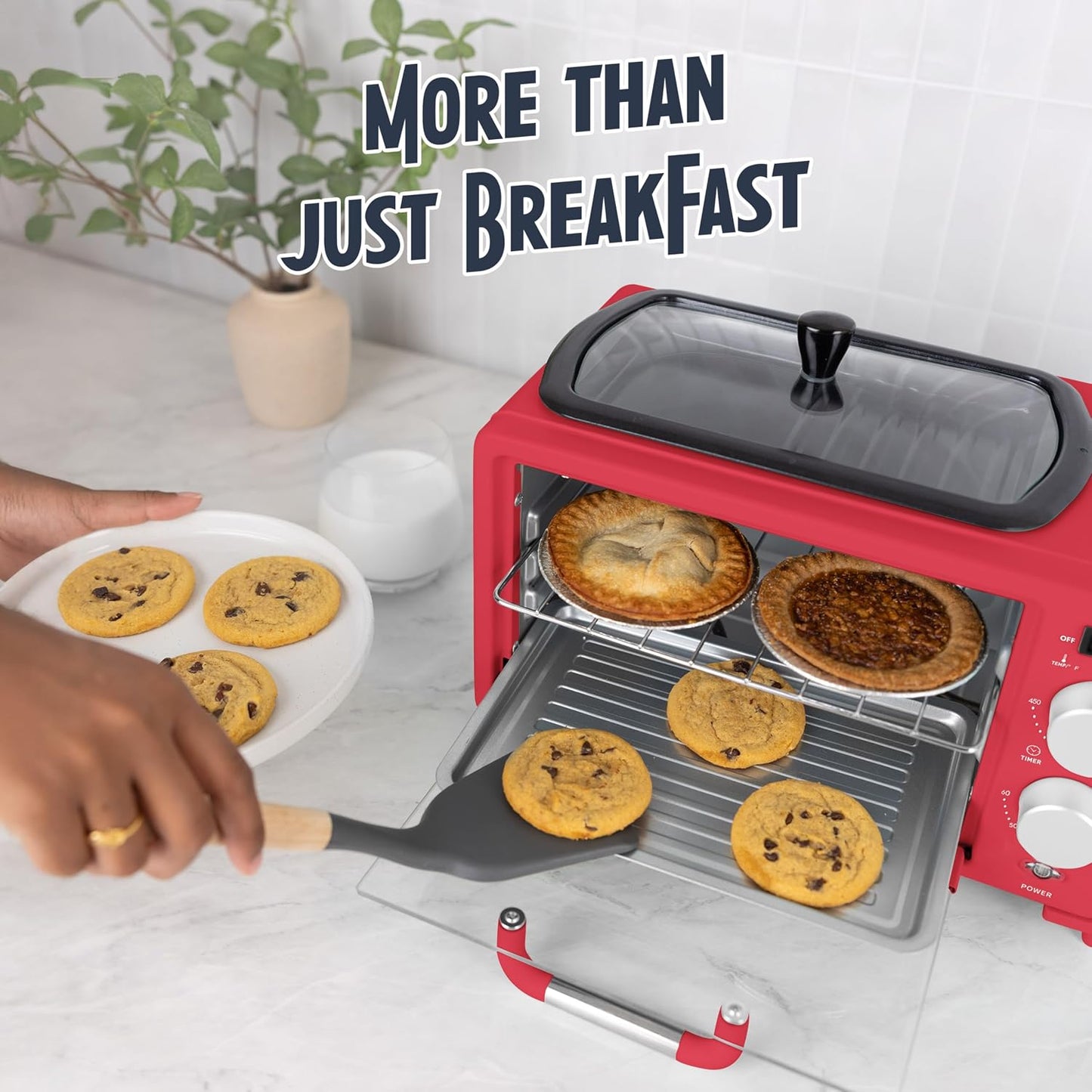 3-In-1 Retro Breakfast Station - Includes 5 (4 Oz) Cup Coffee Maker, Non-Stick Ceramic Griddle, and 4-Slice Toaster Oven - Built-In Timer, Reusable Coffee Filter, Space-Saving Design - Red