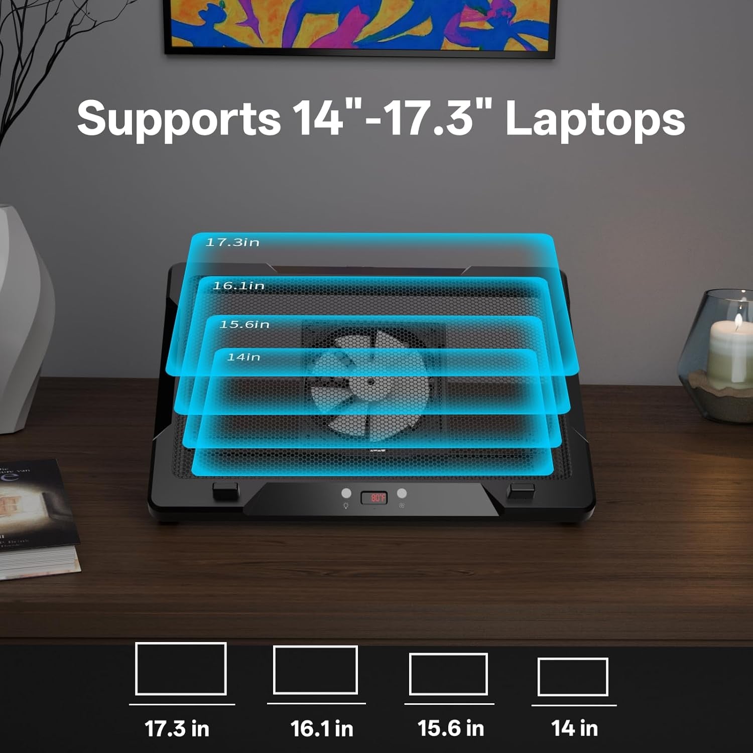 Movable RGB Laptop Cooler with 5.5" Sliding Fan, Ergonomic Cooling Stand with 8 Light Modes for 14-17.3 Inch Gaming Laptops