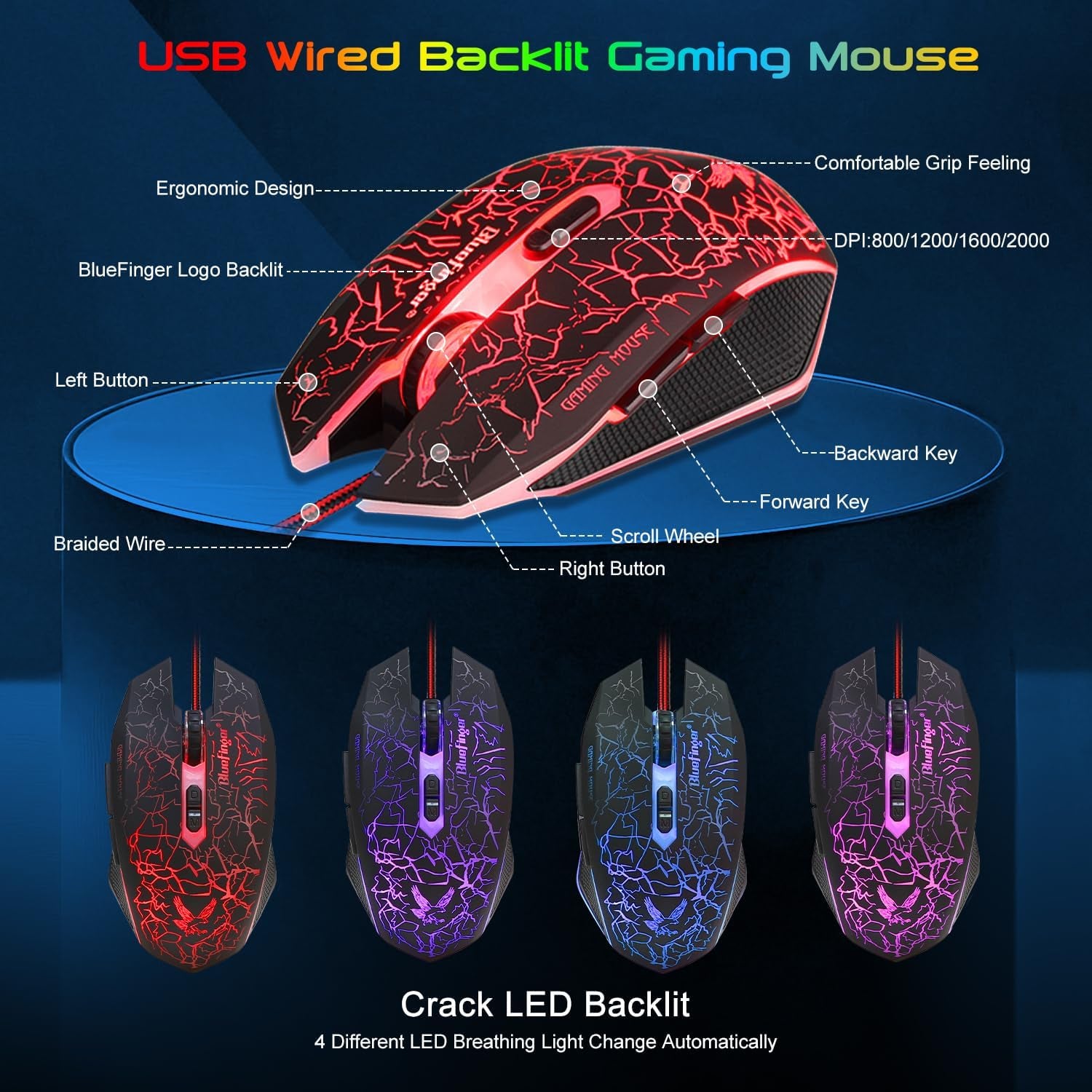 Gaming Keyboard Mouse Headset Combo, USB Wired Crack Backlit,114 Keys Letters Glow LED Keyboard, Red LED Light Headset for Laptop PC Computer Work and Game