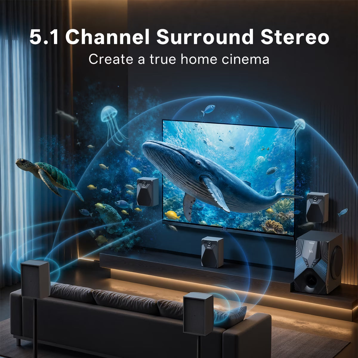 5.1/2.1 Channel Surround Sound Speaker System 1000W Bluetooth Home Theater with 8" Subwoofer, Bluetooth, USB, Includes Remote, LED Light Effects - Perfect for TV Movies, Karaoke