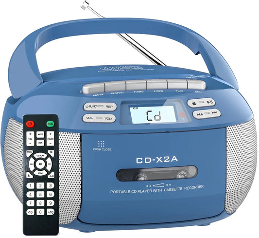 CD Player Combo with Bluetooth, Boombox Cassette Portable CD Players, Support AM FM Radio/Remote Control/Aux/Usb/Earphone, Ac/Battery Operated, LCD Display for Home,Kids,Gift (Blue)
