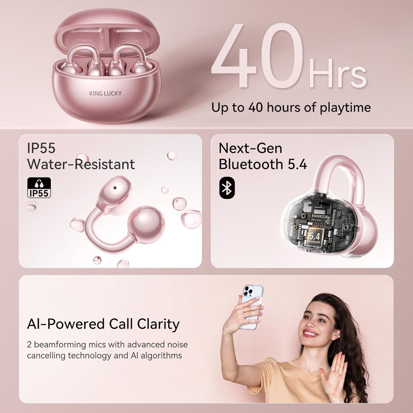 Jewelry-Inspired Clip-On Earbuds with Diamond Earrings, Comfortable Fit & 40H Playtime Open Ear Bluetooth 5.4 Wireless Headphones for Women, Small Ears, Sports & Workouts (Rose Gold)