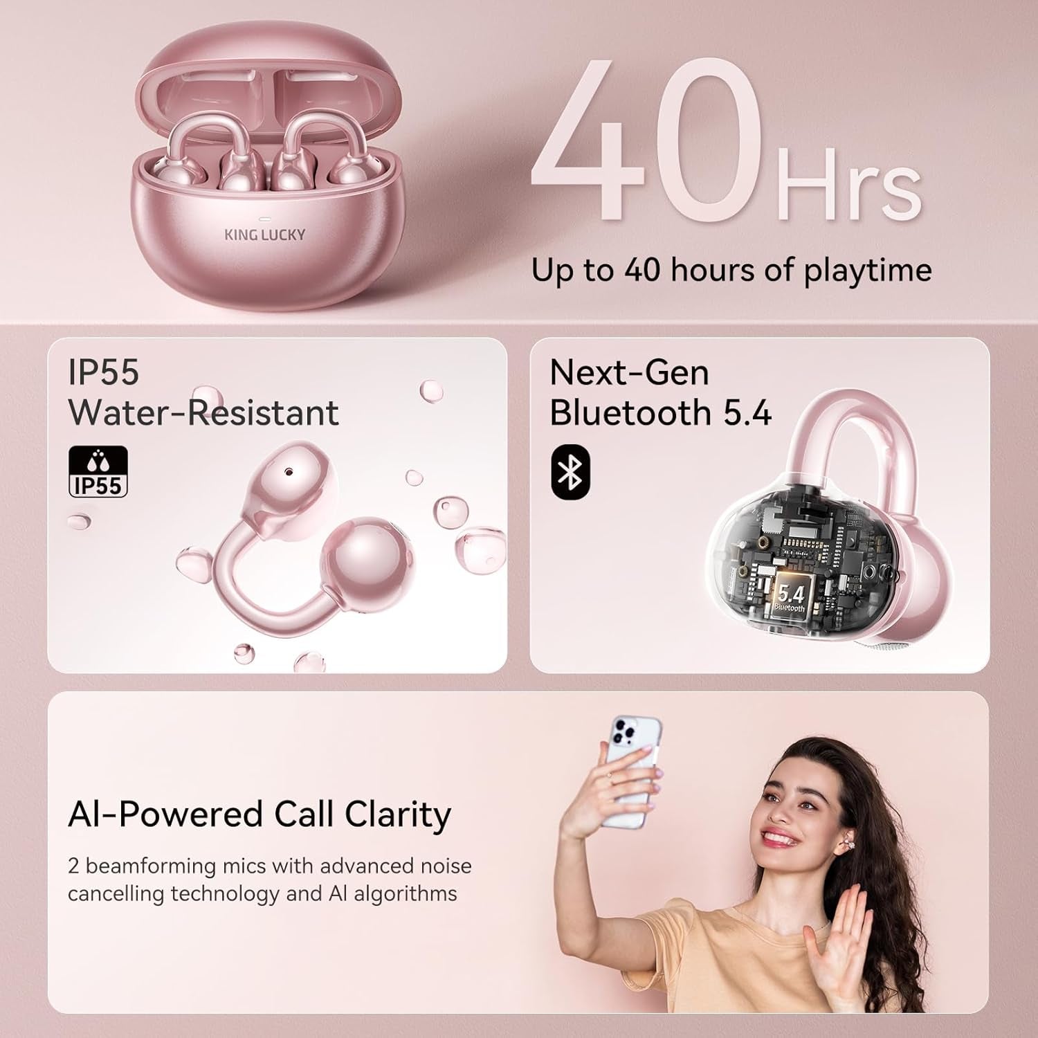 Jewelry-Inspired Clip-On Earbuds with Diamond Earrings, Comfortable Fit & 40H Playtime Open Ear Bluetooth 5.4 Wireless Headphones for Women, Small Ears, Sports & Workouts (Rose Gold)