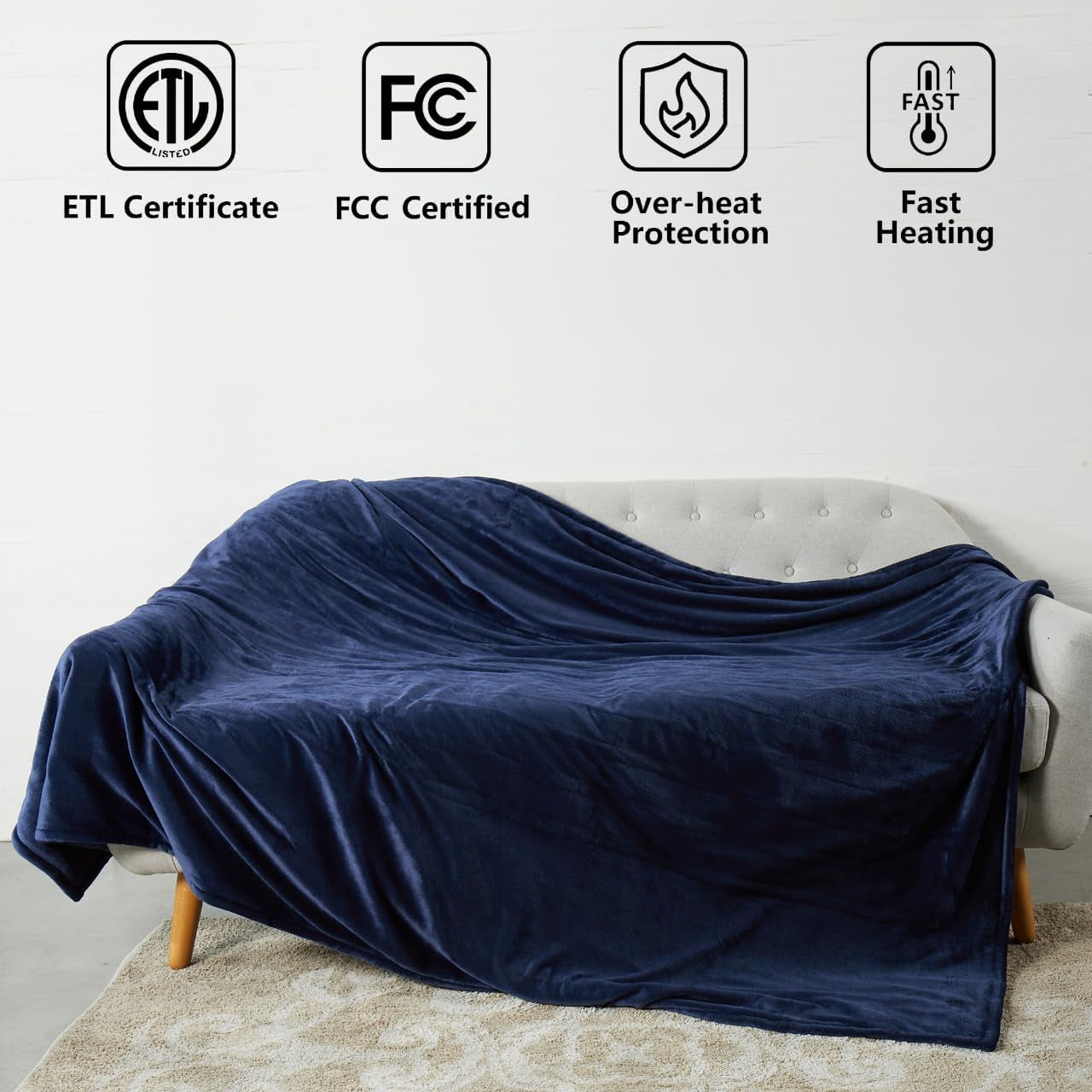 Electric Heated Blanket Twin,Super Cozy Soft 2-Layer Flannel 62" X 84" Heated Twin Size with 3 Heating Levels 8 Hours Auto Off, Machine Washable, ETL and FCC Certified, Home Office Use, Blue