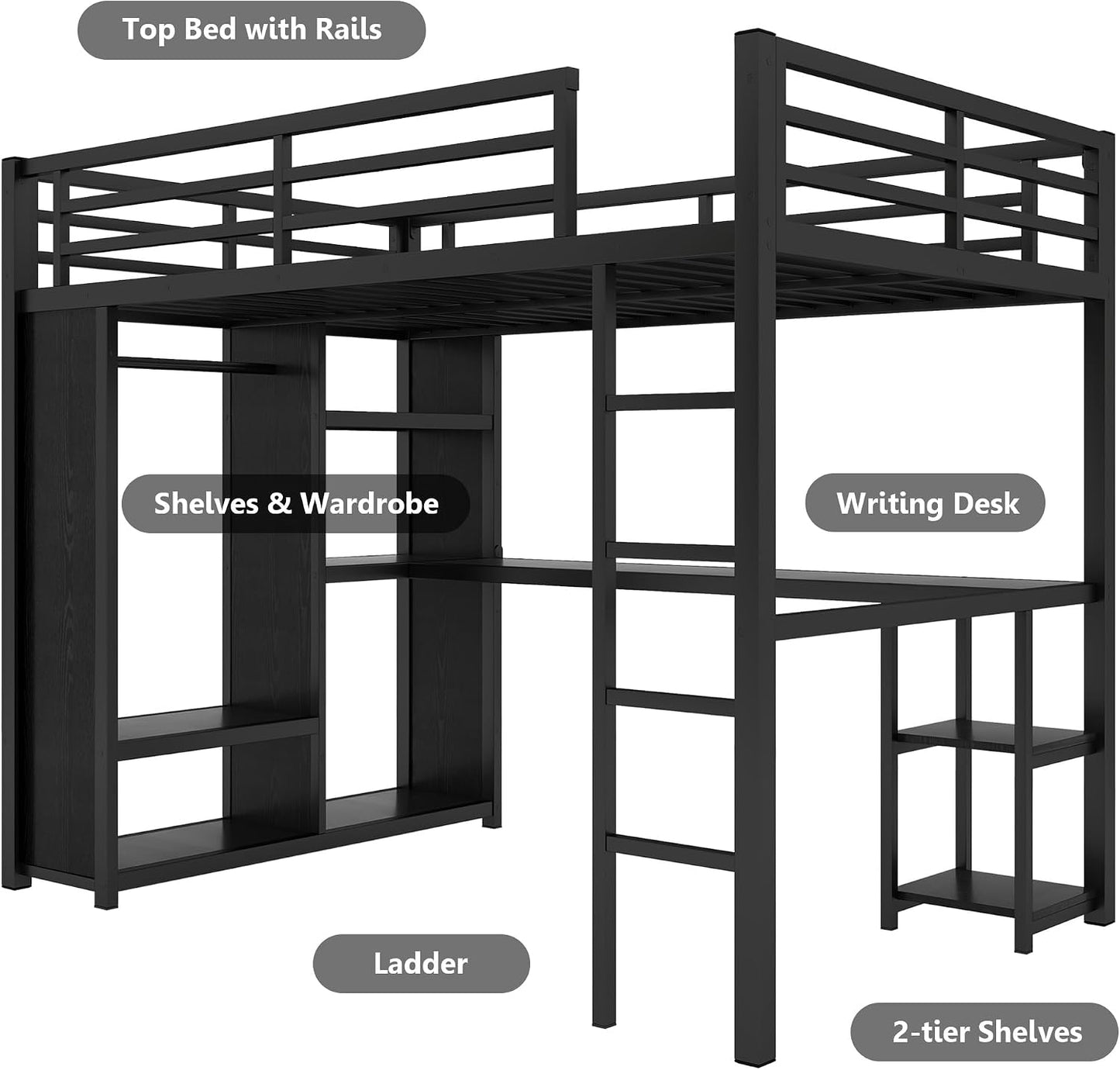 Full Size Loft Bed with Desk and Storage Shelves, Full Size Loft Bed with Wardrobe, Hanging Rod, Guardrail and Ladder, Balck