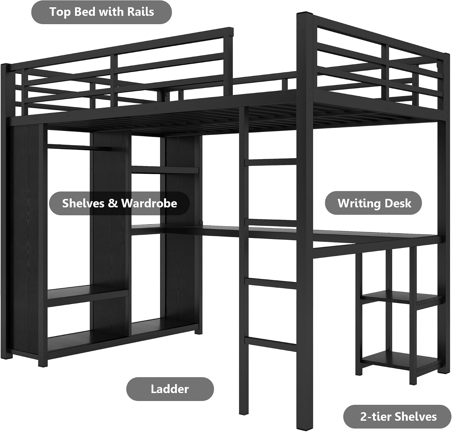 Full Size Loft Bed with Desk and Storage Shelves, Full Size Loft Bed with Wardrobe, Hanging Rod, Guardrail and Ladder, Balck