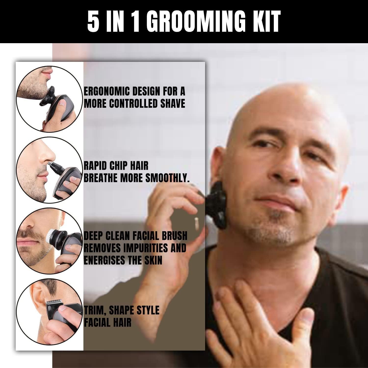 5 in 1 Electric Shaver Bald Head Shaver Head Shavers for Bald Men Electic Razor Waterproof IPX7 Cordless Rechargeable Trimmer for Nose Ear Face Body Hair Wet Dry Men Head Grooming Kit Hair Clippers