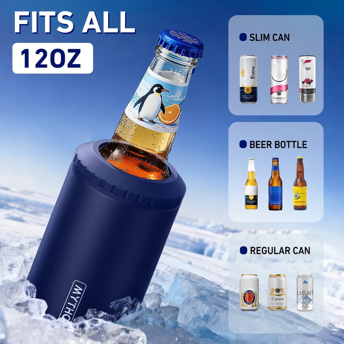 3 in 1 Slim Can Cooler for 12 OZ Skinny Can, Regular Can & Beer Bottle - Keep Cold for 6 Hours - Double Walled Insulated Stainless Steel Vacuum Beverage Can Insulator (Navy Blue)