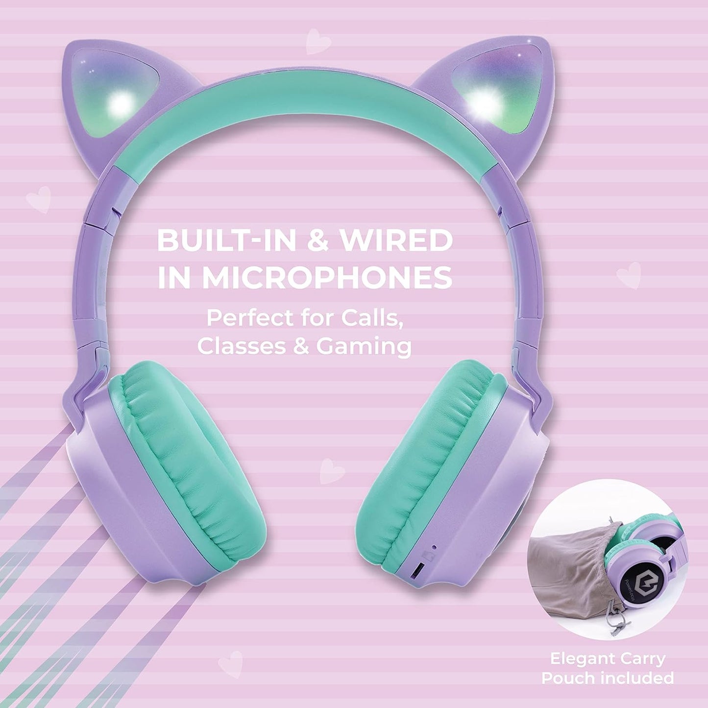 Kids Cat Ear Headphones, Bluetooth 5.3 Wireless, LED Lights, Safe Volume Limit, Micro SD/TF, for Ipad, Tablet, Travel (Purple/Teal)