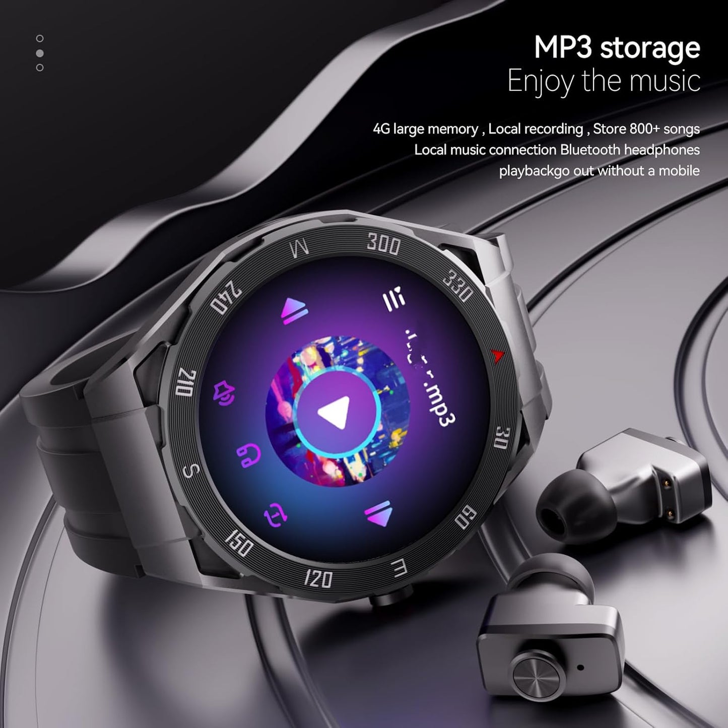 F33 Smart Watch with Earbuds 3 in 1 MP3 Bluetooth Headset 1.43 Inch Smartwatch Built-In Wireless Earbuds Speaker round Fitness Tracker Body Health Monitor 4GB Memory Local Music Player (Light Blue)