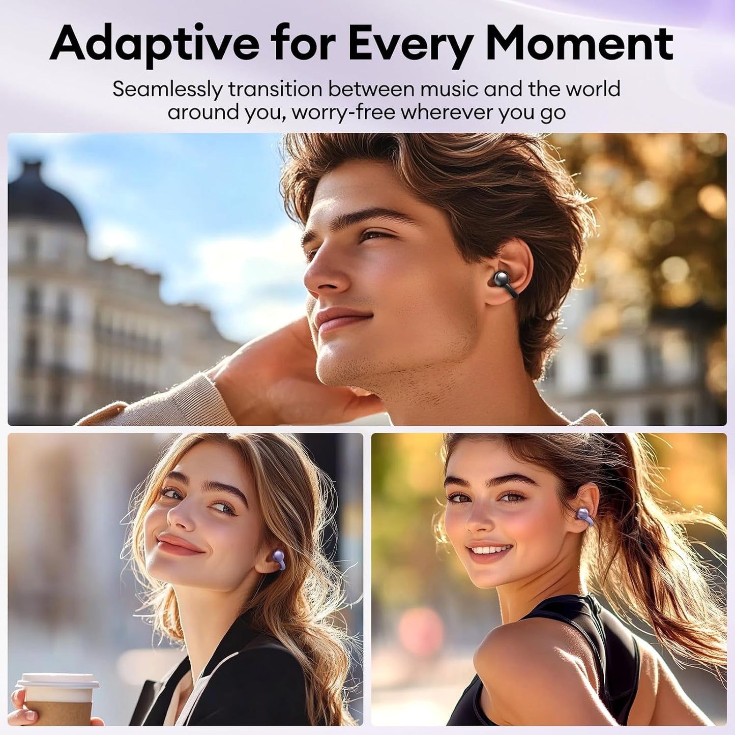 Stylish Open Ear Clip on Earbuds with Removable Butterfly Earring, Clip on Headphones with LCD Touch Screen, Fashionables Open Ear Headphones for Women, Butterfly Earring Purple Earbuds