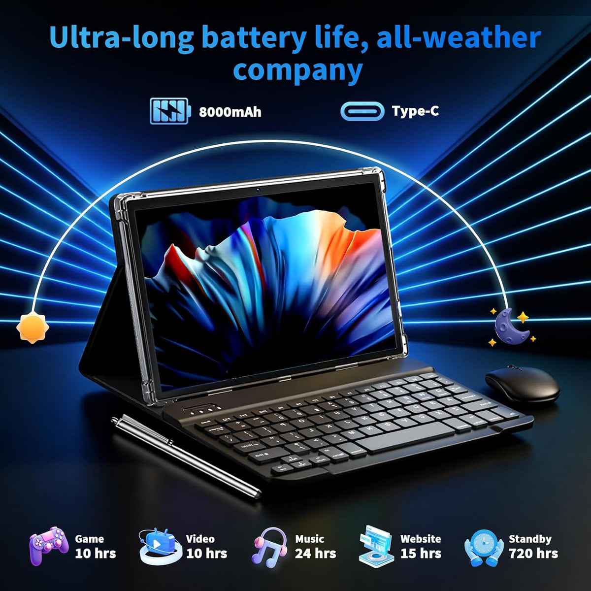 2026 10 Inch Tablet, Gemini AI Android 15 Tablet with Keyboard(Silver Case)
