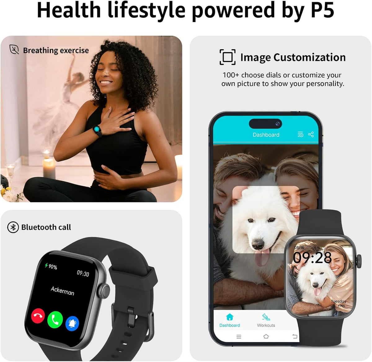 Smart Watches for Men Women, 1.85" HD Touchsreen, Bluetooth Calling, 5 ATM Water-Resistance, 140+Sports Modes, Health, Fitness & Sleep Tracker, Timer, Pedometer, Fitnesswatch for Android/Ios Black