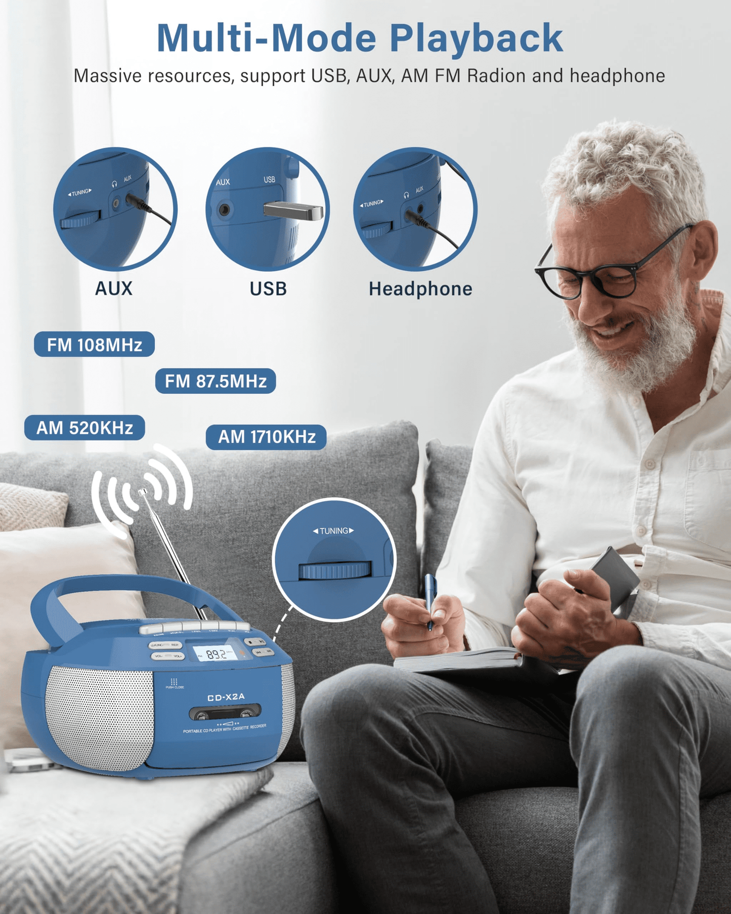 CD Player Combo with Bluetooth, Boombox Cassette Portable CD Players, Support AM FM Radio/Remote Control/Aux/Usb/Earphone, Ac/Battery Operated, LCD Display for Home,Kids,Gift (Blue)