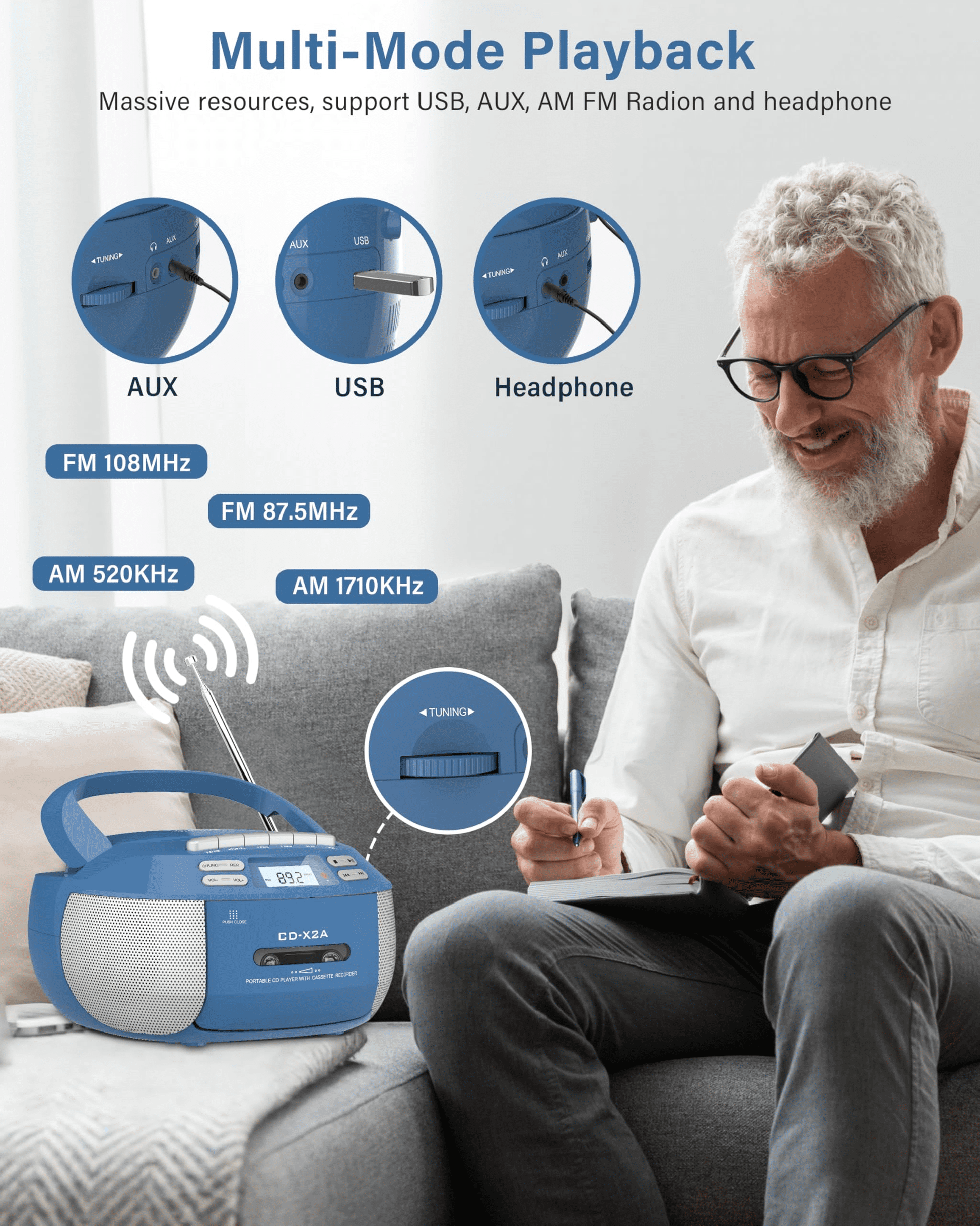 CD Player Combo with Bluetooth, Boombox Cassette Portable CD Players, Support AM FM Radio/Remote Control/Aux/Usb/Earphone, Ac/Battery Operated, LCD Display for Home,Kids,Gift (Blue)