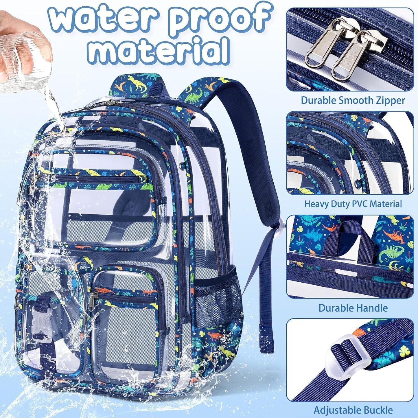 Clear Backpack for Boys, 3PCS Heavy Duty PVC Transparent Boys Backpack with Lunch Box & Pencil Case, School Stadium Event Approved Toddler School Bookbag for Preschool Kindergarten Elementary