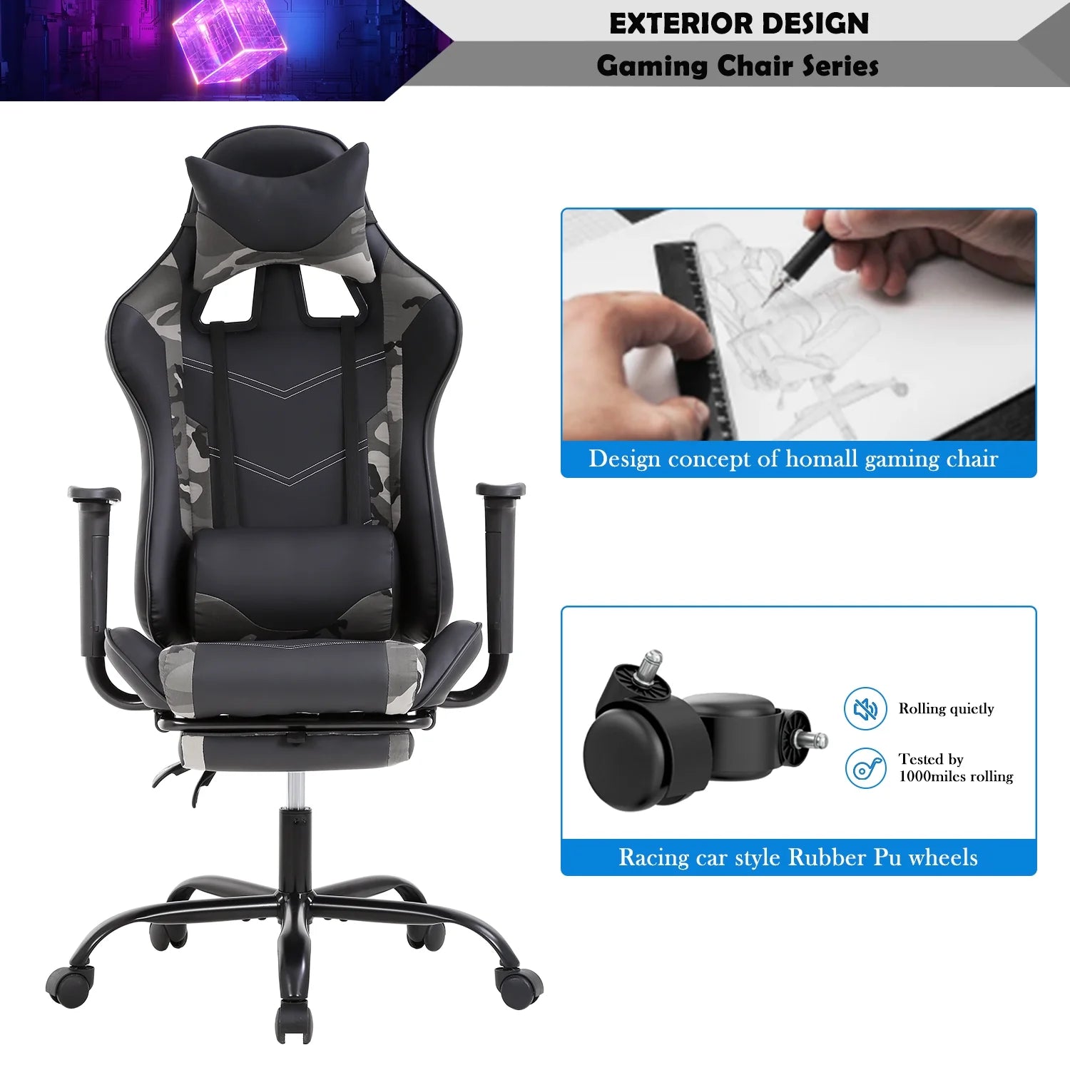 Gaming Chair Racing Office Chair Ergonomic Desk Chair Massage PU Leather Recliner PC Computer Chair with Lumbar Support Headrest Armrest Footrest Rolling Swivel Task Chair for Adults, Camo