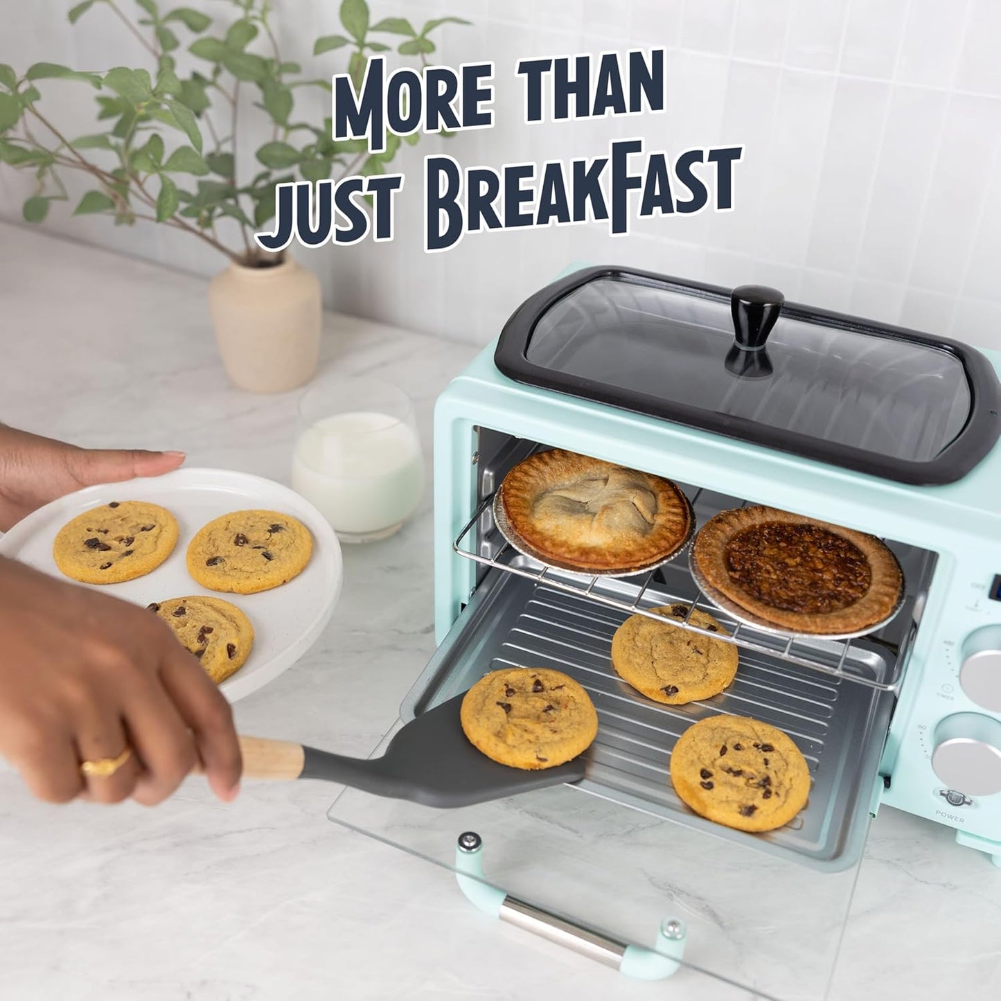 3-In-1 Retro Breakfast Station - Includes 5 (4 Oz) Cup Coffee Maker, Non-Stick Ceramic Griddle, and 4-Slice Toaster Oven - Built-In Timer, Reusable Coffee Filter, Space-Saving Design - Aqua