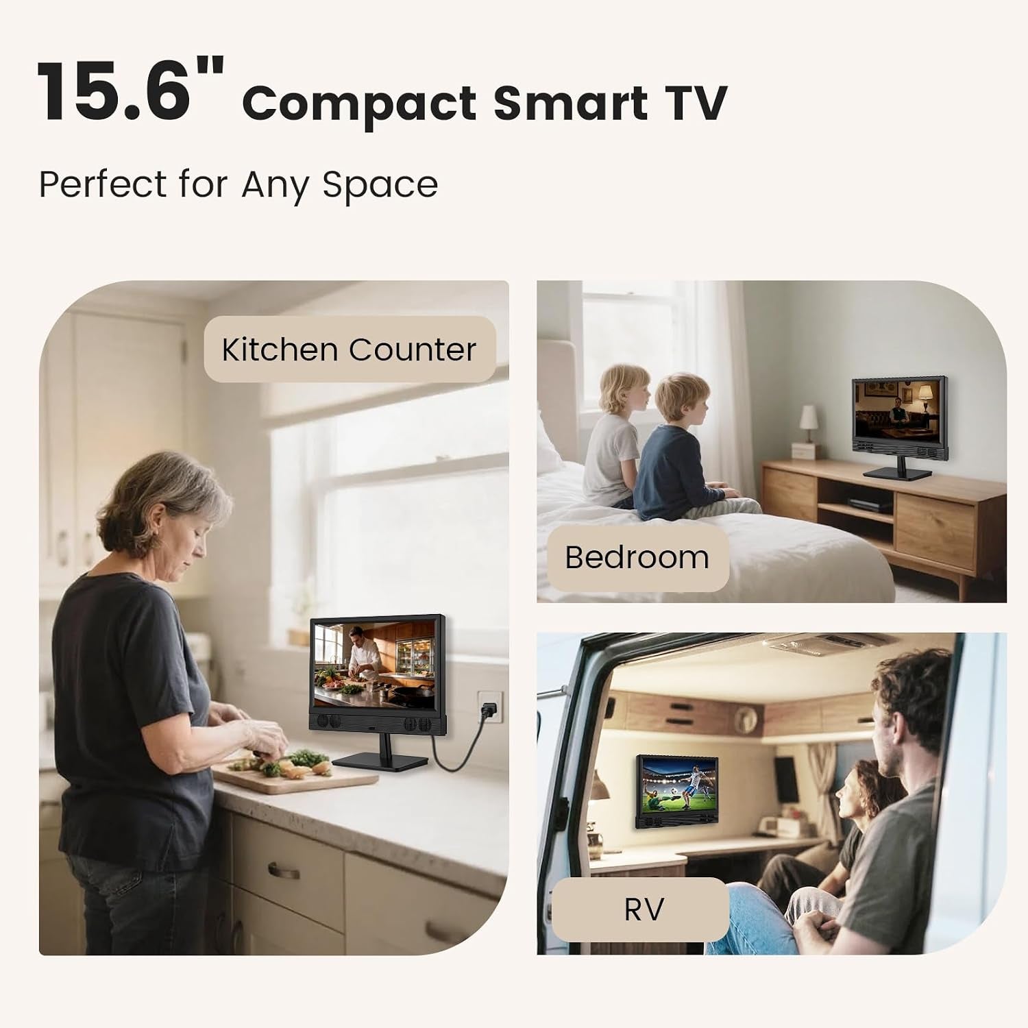 15.6 Inch Small Smart TV, FHD 1080P Compact Smart TV with Built-In Apps, Wifi & Bluetooth, ATSC Digital Tuner, HDMI/USB/AV Inputs, 110–220V AC Power TV for Kitchen, Bedroom, RV, Camper, Truck