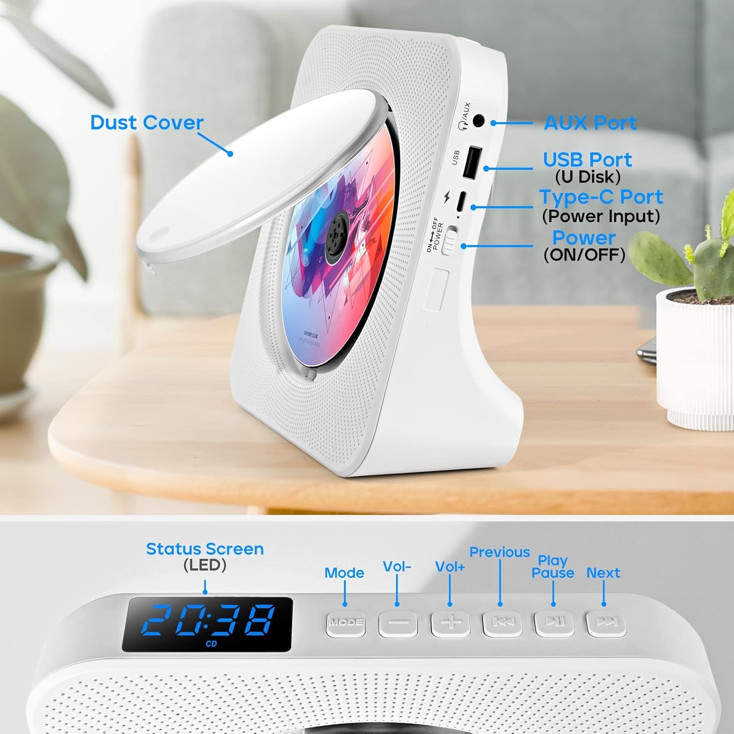 Bluetooth Portable CD Player with Speakers & Remote - FM Radio & USB Support