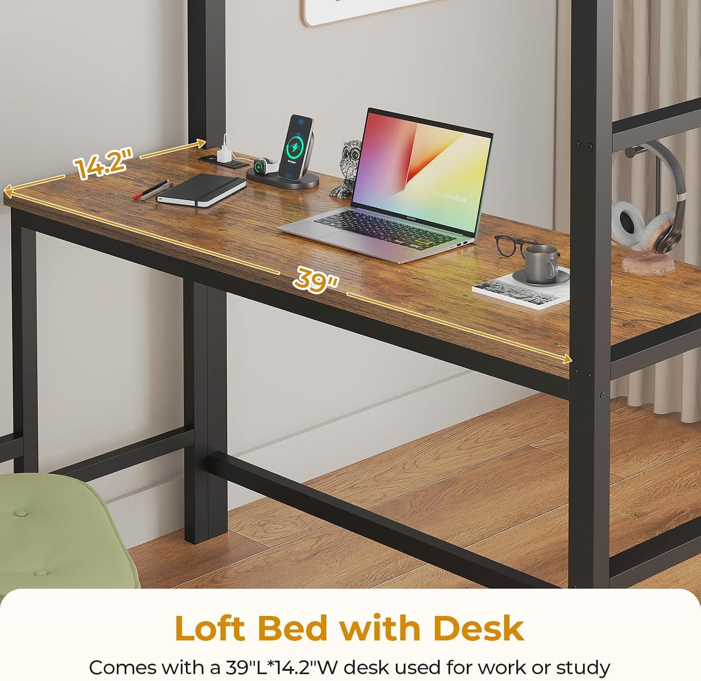 Twin Size Loft Bed with Desk and 8 Storage Drawers, Rustic Brown | LED Metal Kids Loft Bed with Charging Sation, Storage Shelves, 13.1" H Safety Guard & Ladder, No Box Spring Needed