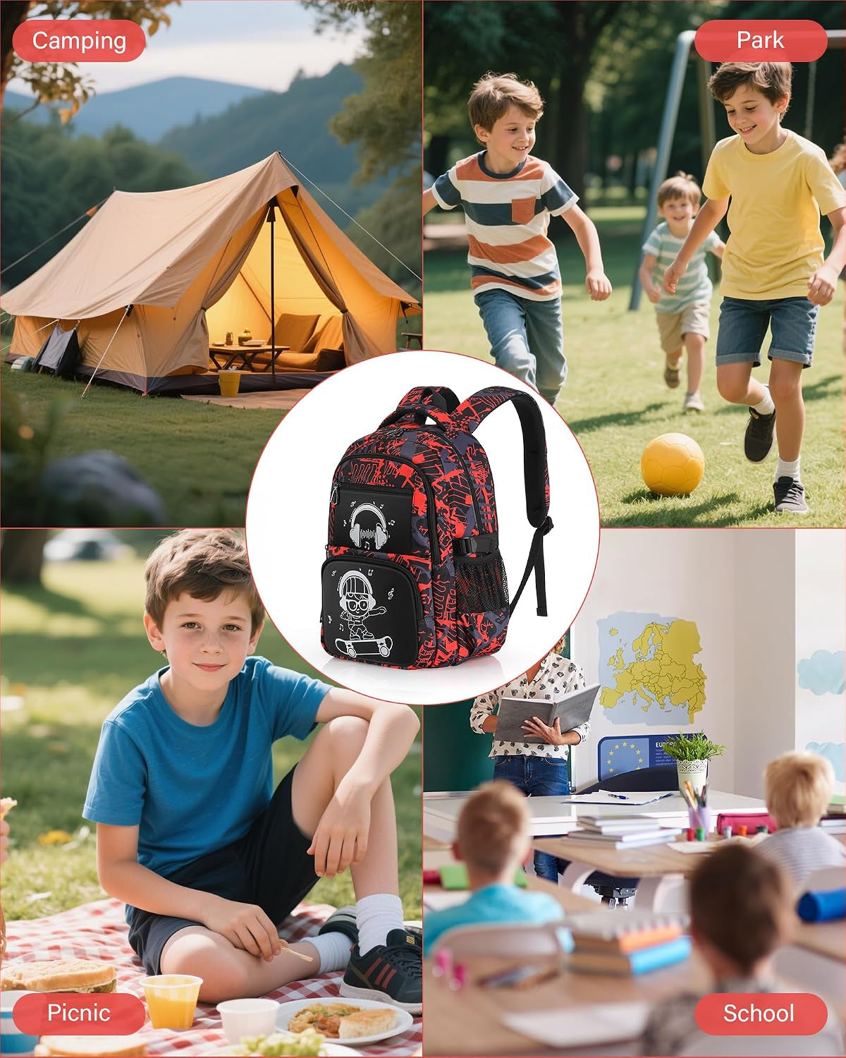 School Backpack for Boys Backpacks for Kids Camo Bookbag Teens Middle School Bags Waterproof Travel Backpack-Red