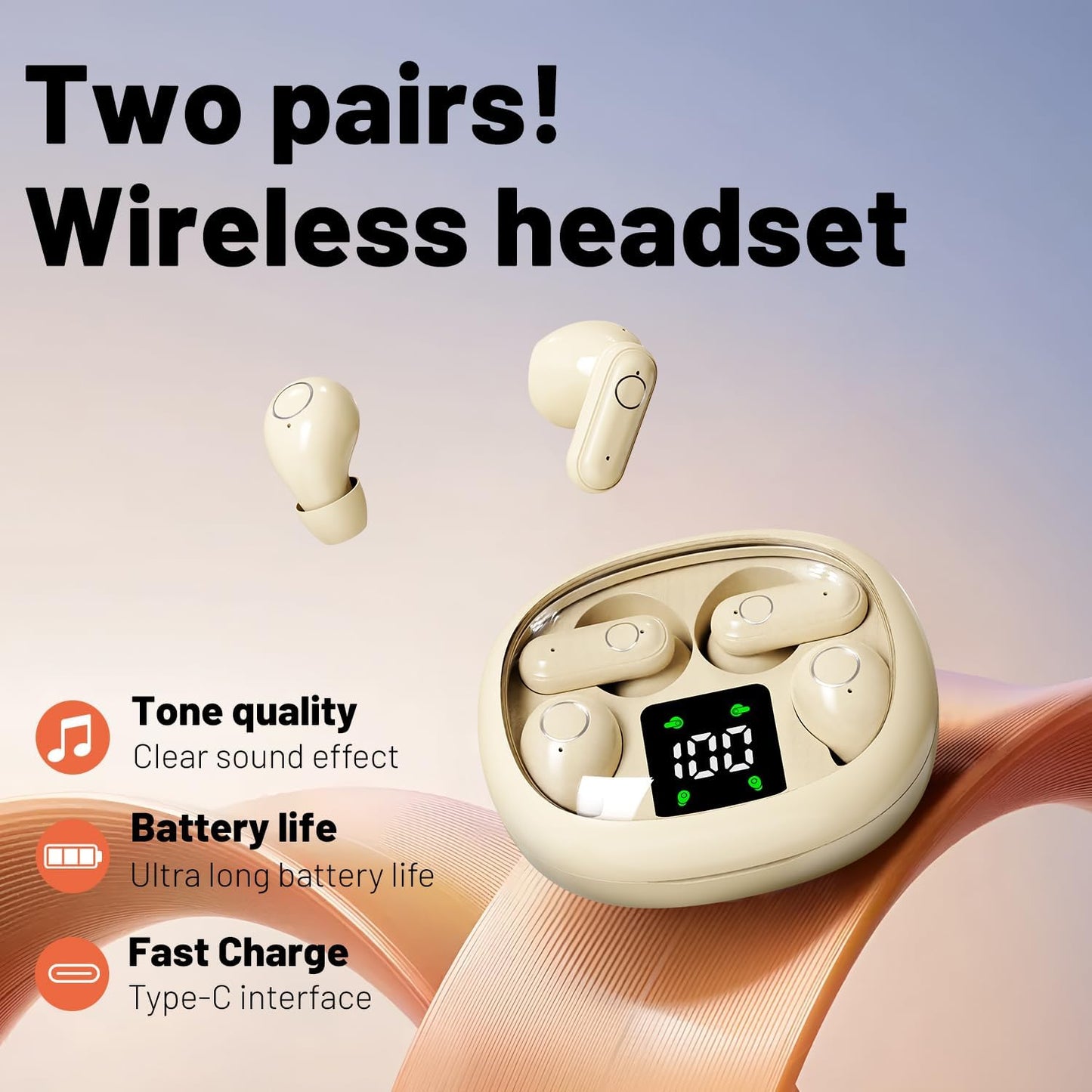 Wireless Bluetooth Headset，Tiny Size Invisible Earbuds，Sleep and Sports Earphones Set, 2 Pairs, Mini and Short Handle Design，For Work Sport Sleeping ﻿ ﻿ (Khaki)