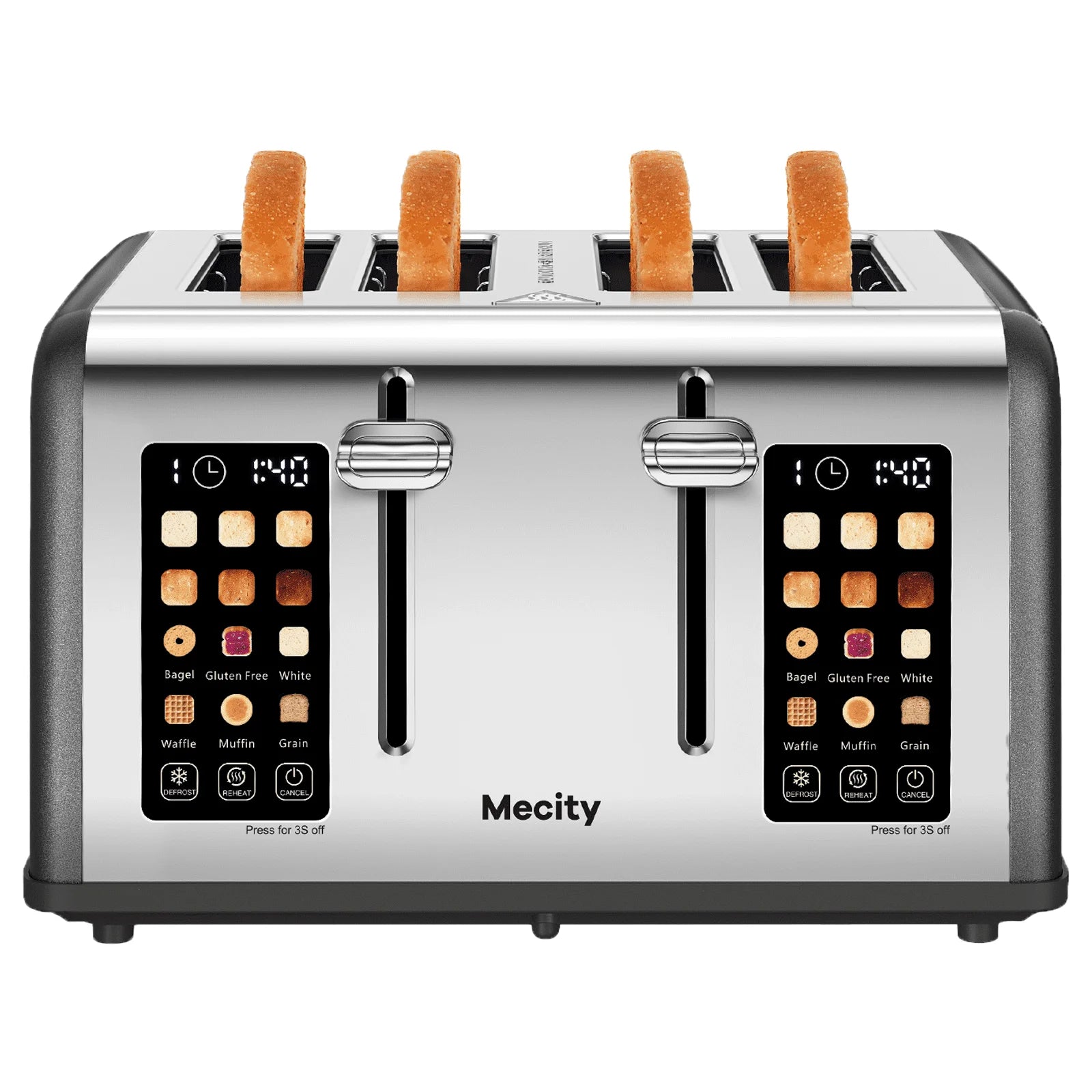 4-Slice Toaster with Touchscreen, Stainless Steel, Wide Slots, 6 Browning Settings, Digital Display, Reheat, Defrost, Crumb Tray, Matte Black