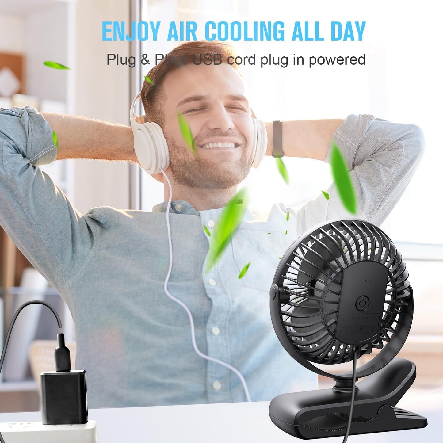 BESKAR Small Clip on Fan, 3 Speeds USB Fan with Strong Airflow, Clip & Desk Fan
