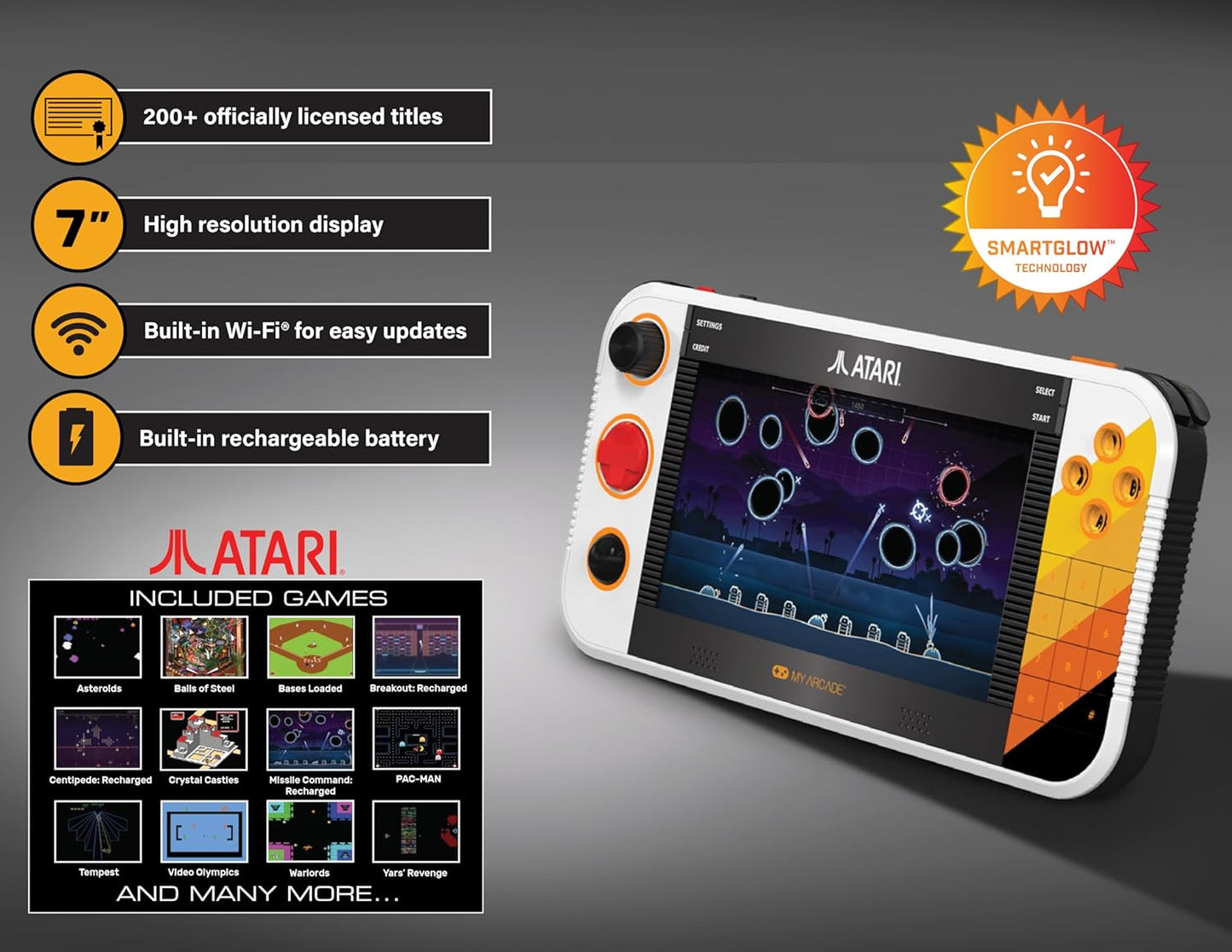Atari Gamestation Go: Rechargeable Battery, over 200+ Preloaded Retro Video Games Including Pac-Man, Recharged, & Balls of Steel, Wi-Fi, Smartglow, 7 Inch Display