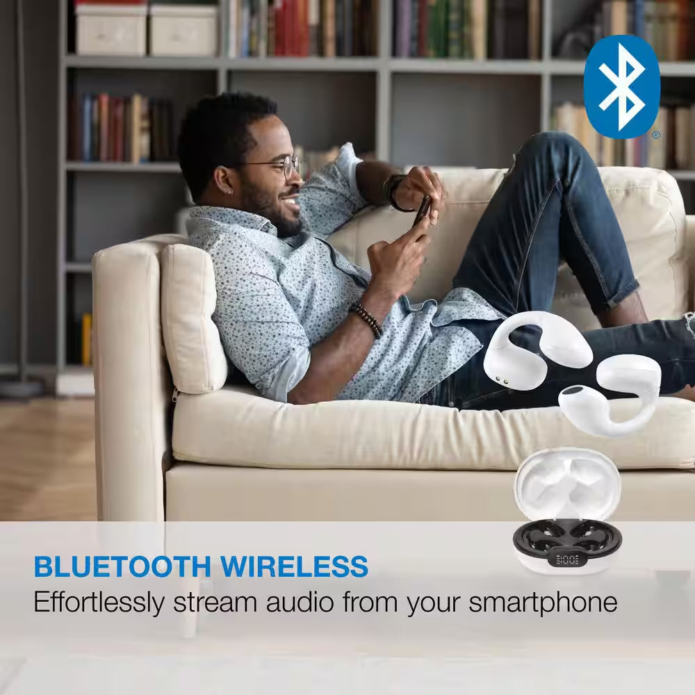 White Truly Wireless Bluetooth Open Ear Clip, Supports Siri and Google Assistants, Sweatproof Earbud and In-Ear
