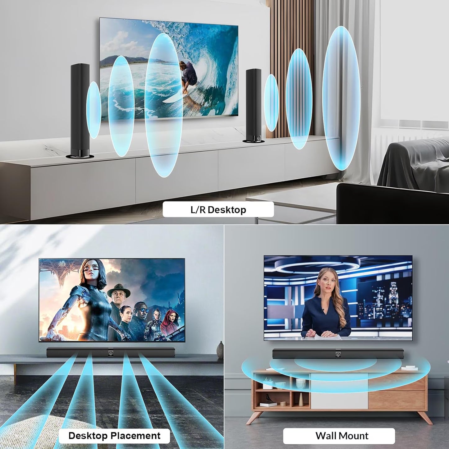 Sound Bar for TV, 2-In-1 Detachable Soundbar with Auto Volume Boost, TV Speakers with 3 EQ Modes, Bluetooth 5.3/Arc/Opt/Aux Connection for Pc/Gaming/Projectors