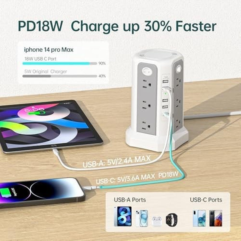 Surge Protector Tower with USB C, 10FT Cord, Power Strip - Black, 1 Pc