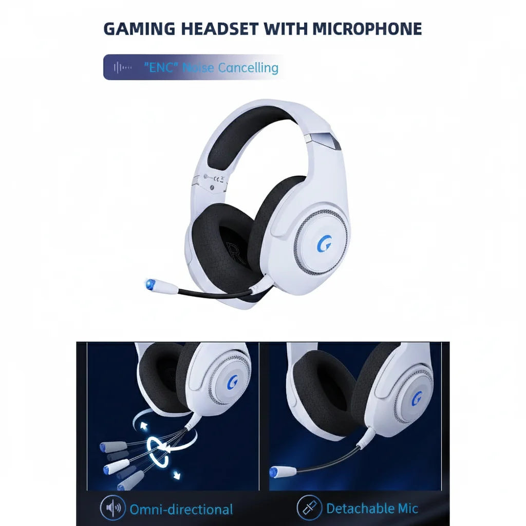 Wireless Gaming Headset for PS5 PC & Mobile, 2.4Ghz USB-C BT 5.2, 40H,With Detachable Noise Cancelling Mic, White