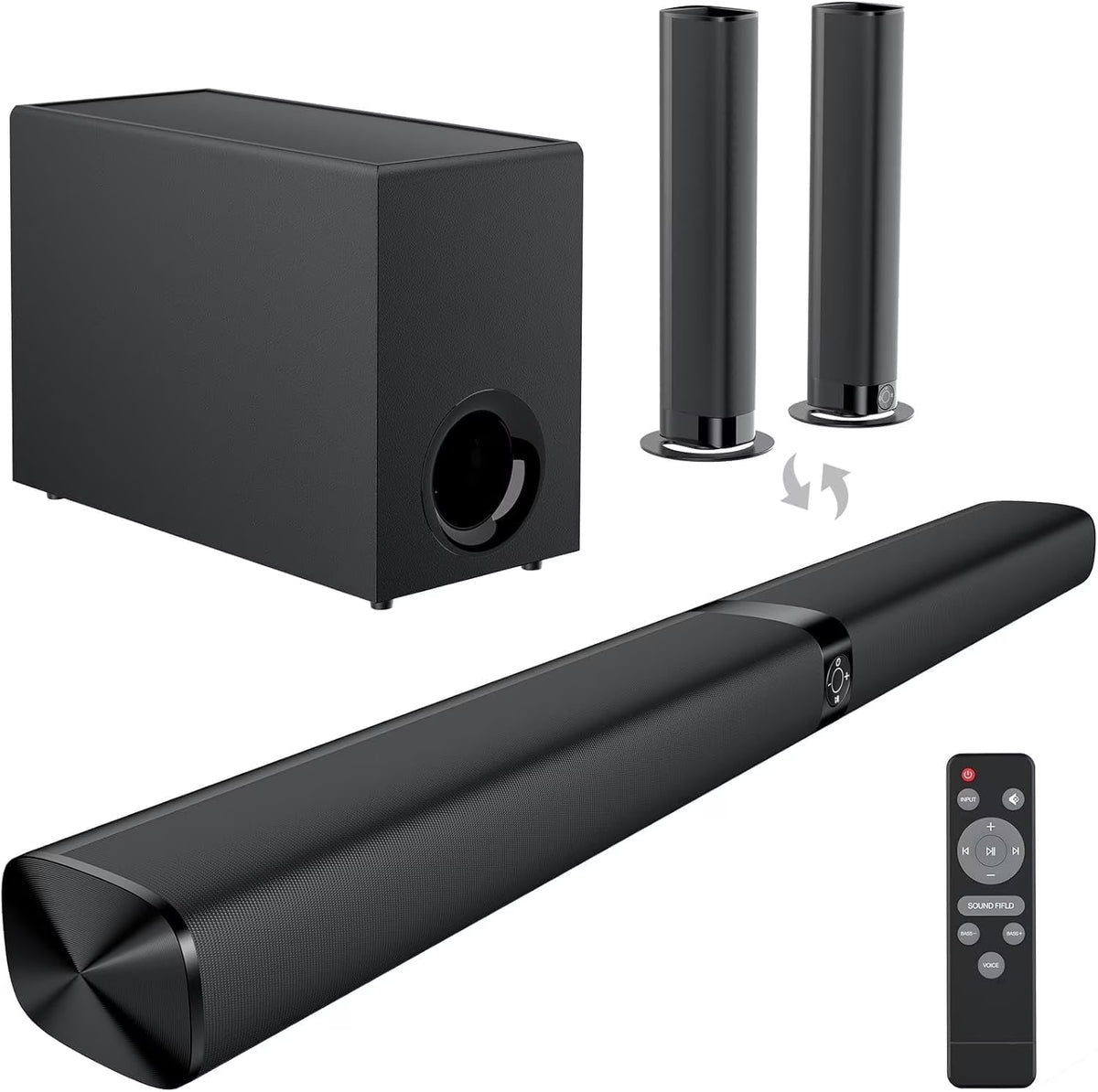 Sound Bar for Smart TV, 110W Sound Bar with Subwoofer, 2 in 1 Detachable Bluetooth Soundbar for TV with Deep Bass & Volume Boost & 3 Equalizer Modes, Black