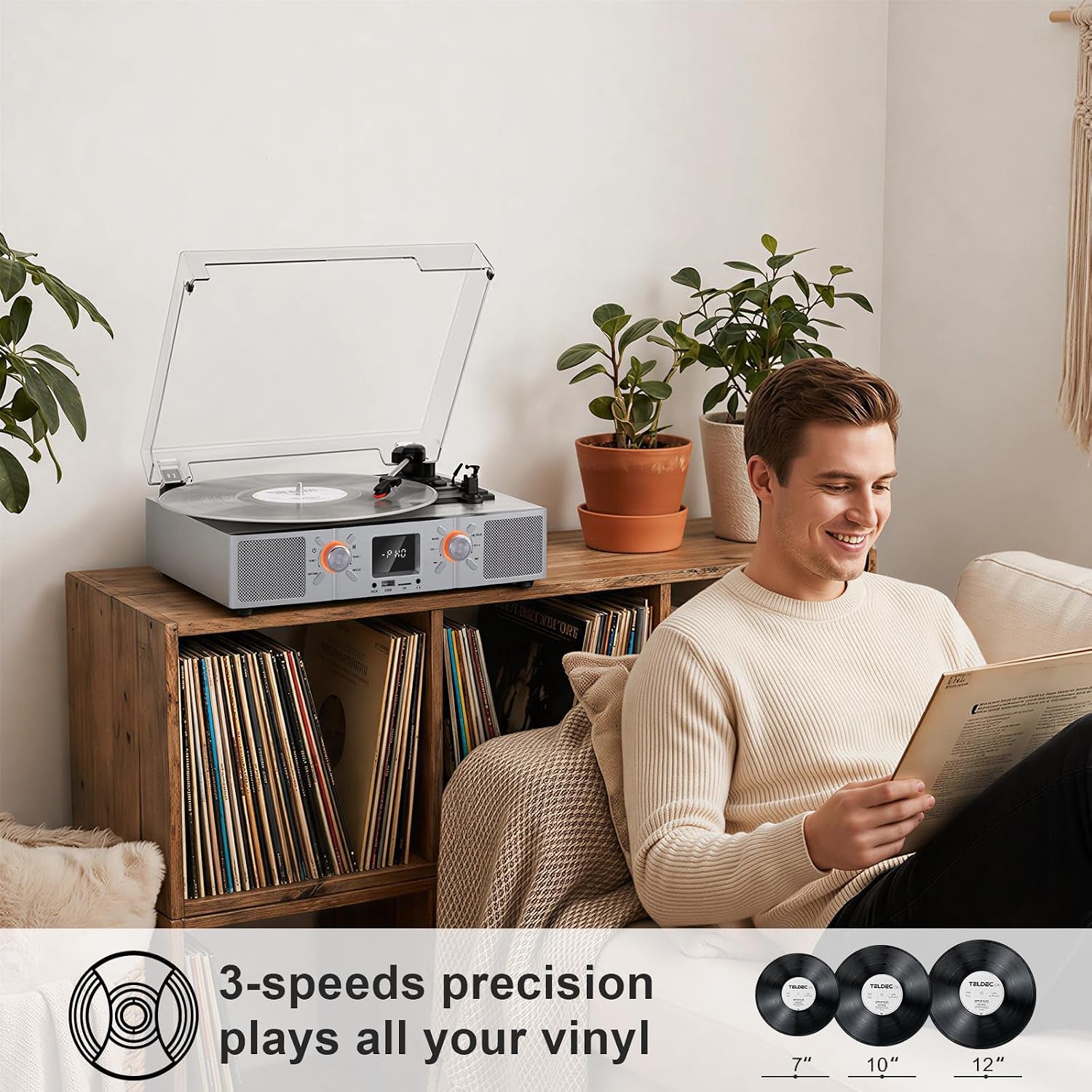 Vinylslink Vinyl Record Player with Speakers, Bluetooth Turntable, 3-Speed LP Player with Auto Stop, USB/TF Playback and Recording, FM Radio, LED Display, RCA Out, AUX In, Headphone Jack, Silver