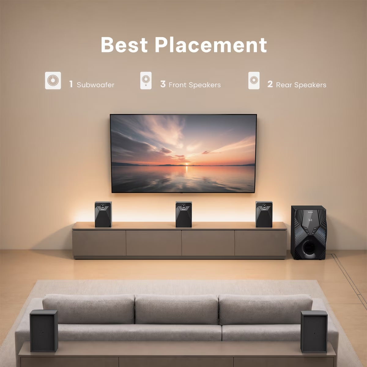 5.1/2.1 Channel Surround Sound Speaker System 1000W Bluetooth Home Theater with 8" Subwoofer, Bluetooth, USB, Includes Remote, LED Light Effects - Perfect for TV Movies, Karaoke