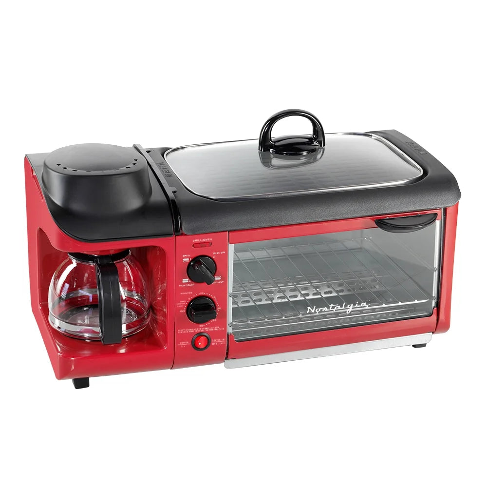 Retro 3-In-1 Breakfast Station with Coffeemaker, Griddle, and Toaster Oven, Retro Red