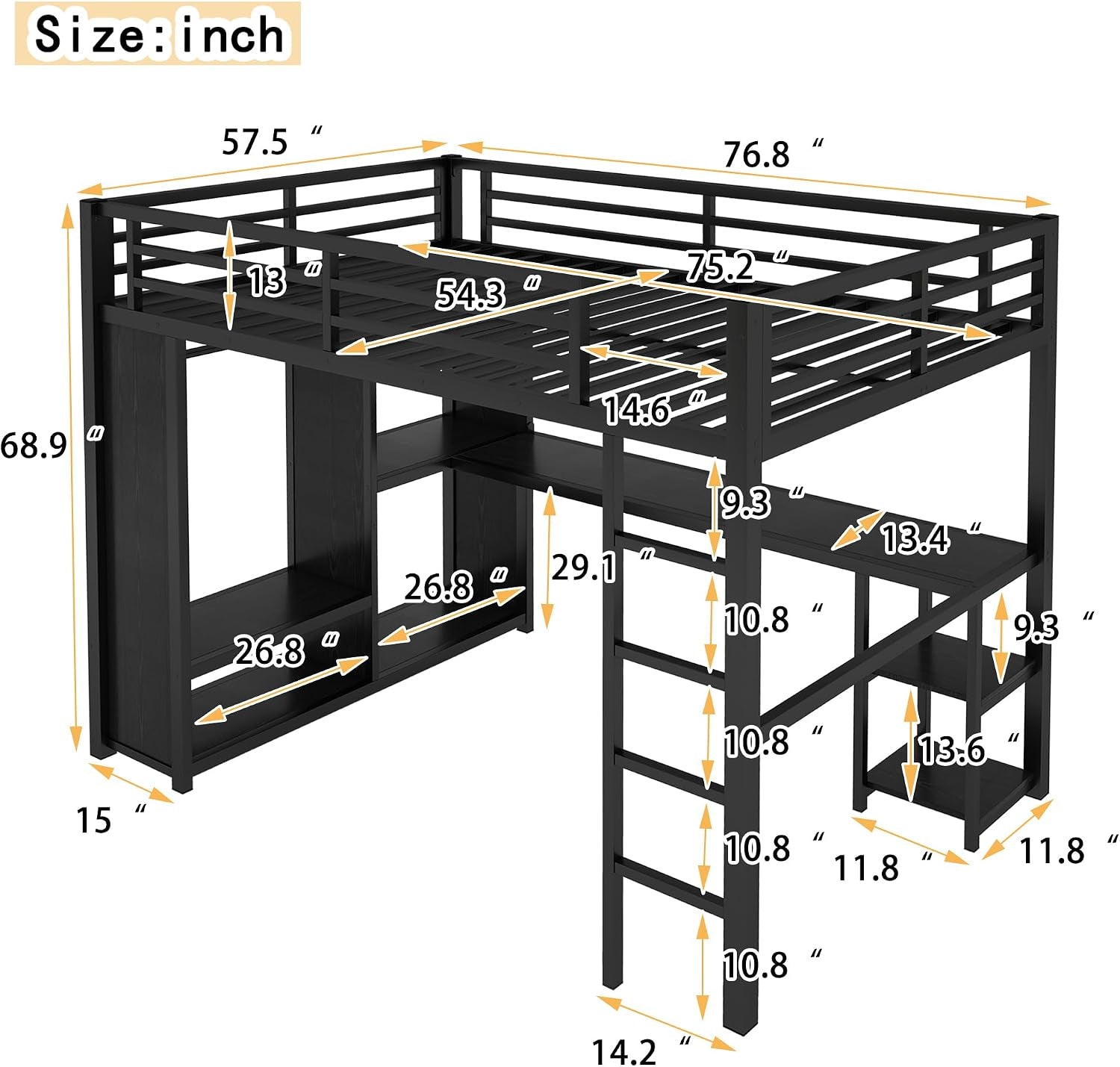 Full Size Loft Bed with Desk and Storage Shelves, Full Size Loft Bed with Wardrobe, Hanging Rod, Guardrail and Ladder, Balck