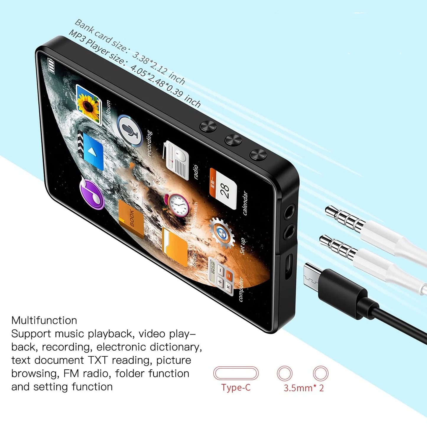144GB Mp3 Player with Bluetooth, 4.0 Inch Full Touchscreen Mp4 Player, Voice Recorder, Portable Hifi Sound Mp3 Music Player with Earphones, Built-In HD Speaker, Black