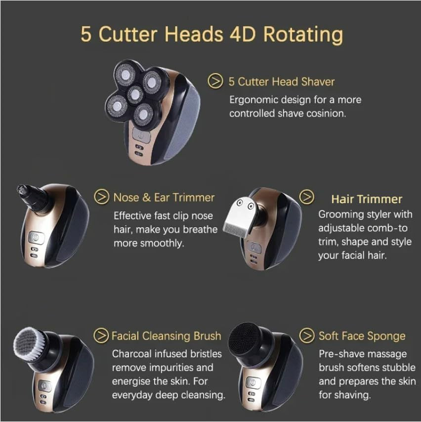 Men'S Electric Bald Razor, 5 in 1 Bald Men'S Head Shaver, IPX7 Waterproof Shaver Heads, Nose Hair Sideburn Trimmer, USB Rechargeable Bald Head Razor