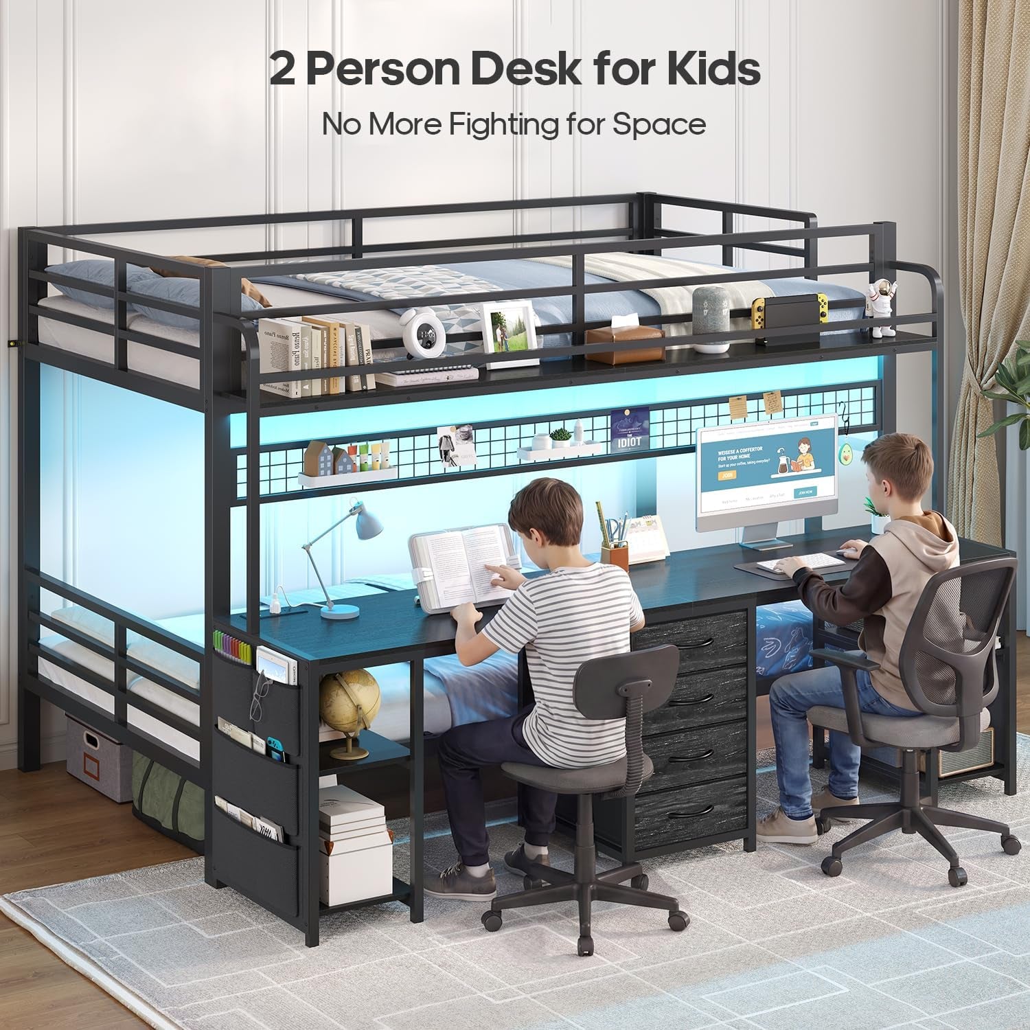 Bunk Bed Twin over Twin with 2 Person Desk, LED Lights, Black | Twin Bunk Bed with 4 Drawers,Storage Rack, 4 Shelves and Power Outles, Safety Guardrail for Kids/Teens Bedroom