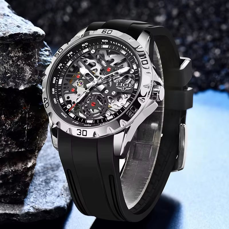 Luxury Men Watches Automatic Mechanical Wristwatch Skeleton Design Waterproof Silicone Strap Male Watch Reloj Hombre+Box