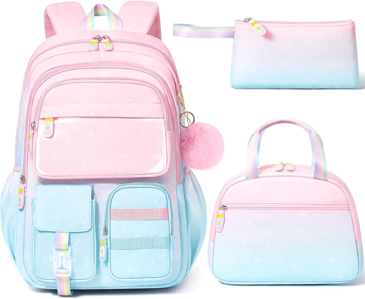 Backpack for Girls, 3 PCS Waterproof Kids Backpack with Lunch Box & Pencil Case, Gradient Backpacks for Teen Girl Kindergarten Elementary Middle High School Student Back to School Bookbag Set