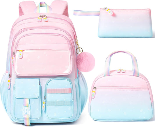 Backpack for Girls, 3 PCS Waterproof Kids Backpack with Lunch Box & Pencil Case, Gradient Backpacks for Teen Girl Kindergarten Elementary Middle High School Student Back to School Bookbag Set