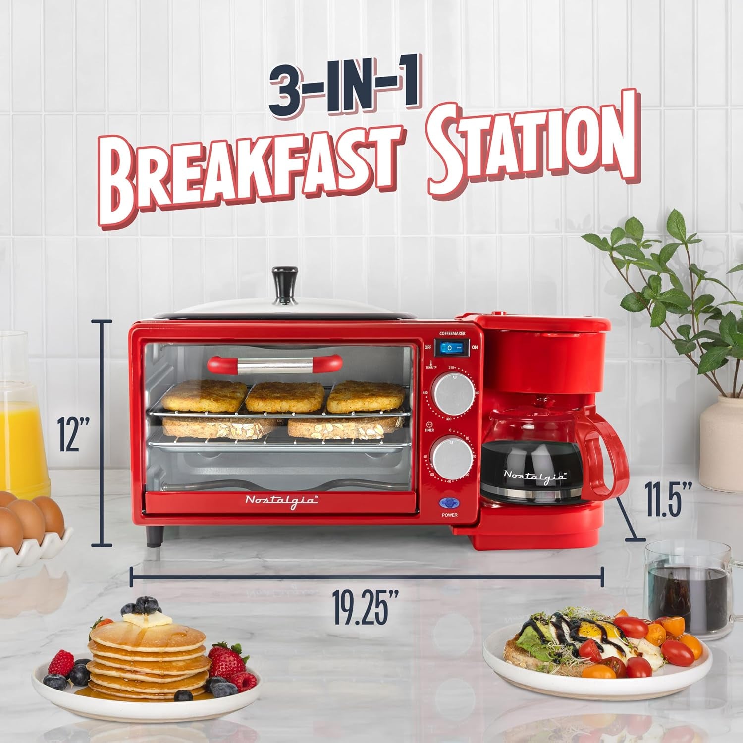 3-In-1 Retro Breakfast Station - Includes 5 (4 Oz) Cup Coffee Maker, Non-Stick Ceramic Griddle, and 4-Slice Toaster Oven - Built-In Timer, Reusable Coffee Filter, Space-Saving Design - Red