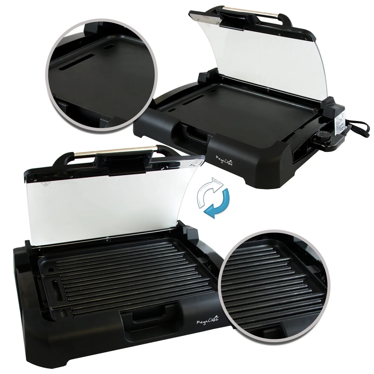 Reversible Indoor Grill and Griddle with Removable Glass Lid