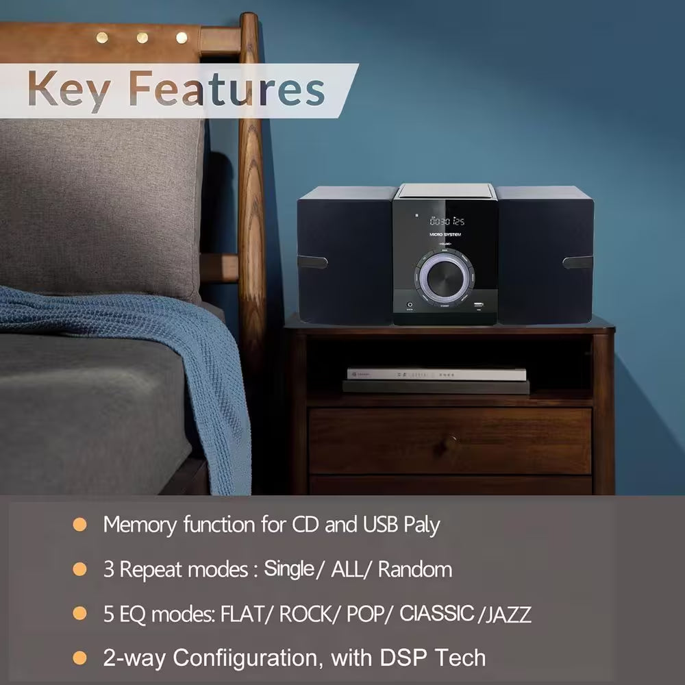 Compact 30W Stereo System-Cd Player, Bluetooth, FM Radio, USB, AUX, Earphone Port, Dsp-Tech, Remote (New Version)