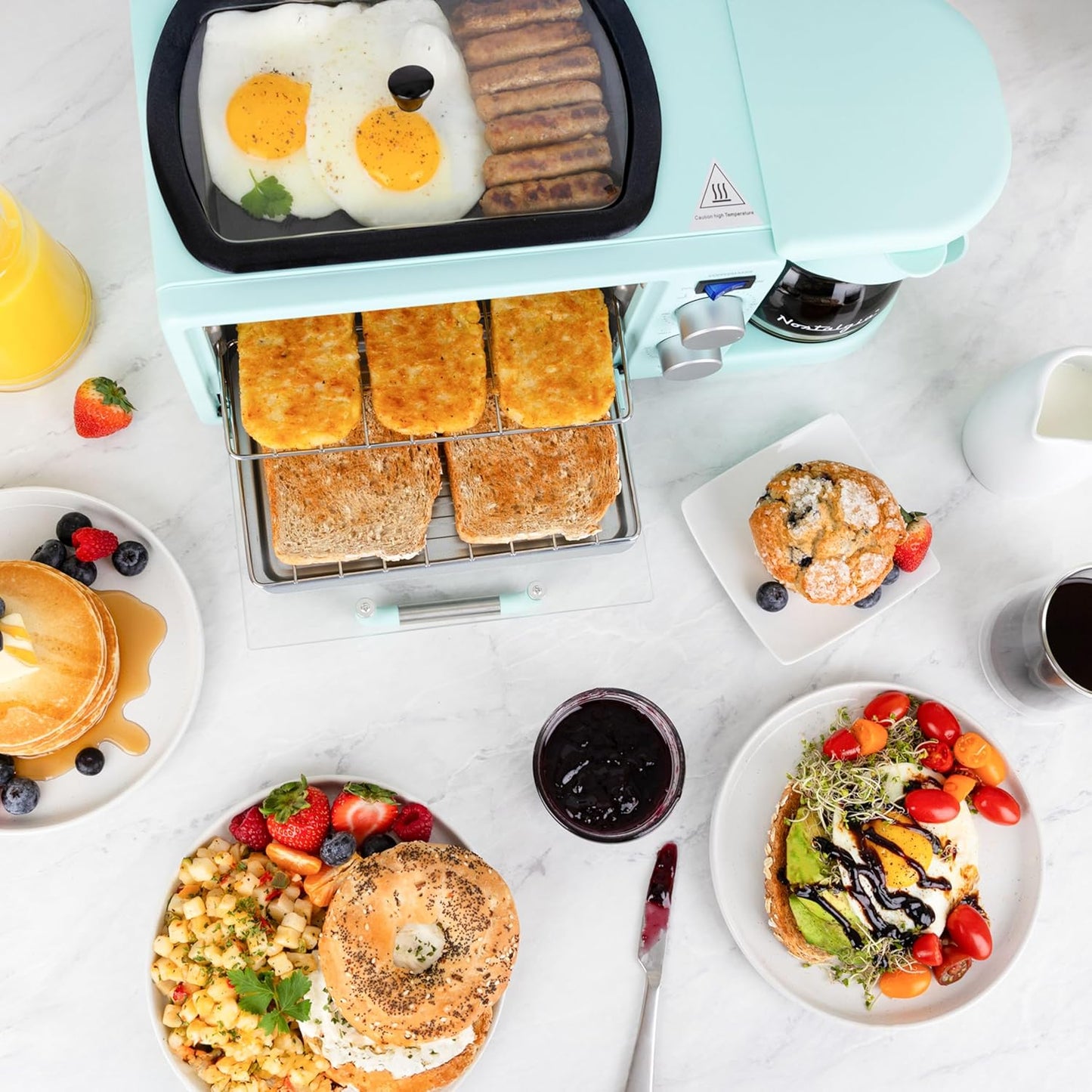 3-In-1 Retro Breakfast Station - Includes 5 (4 Oz) Cup Coffee Maker, Non-Stick Ceramic Griddle, and 4-Slice Toaster Oven - Built-In Timer, Reusable Coffee Filter, Space-Saving Design - Aqua